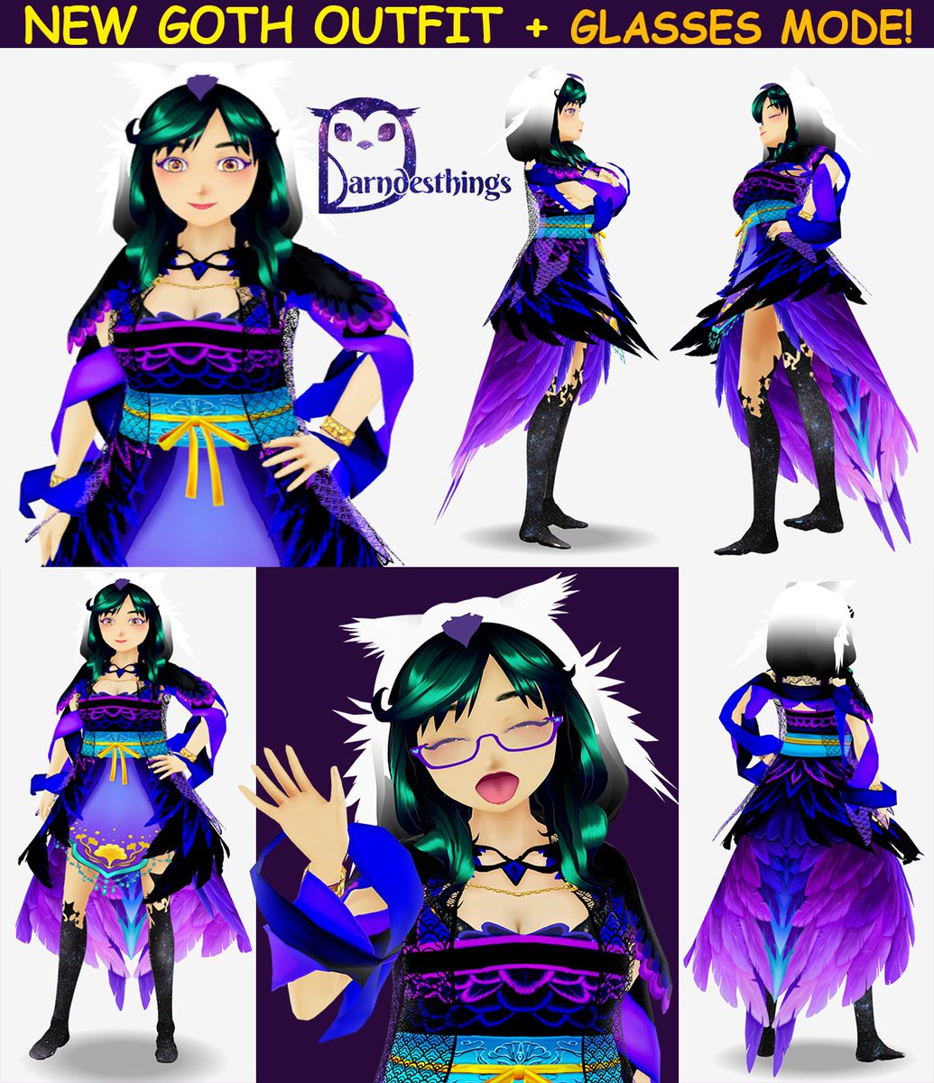 darndesthingx's tweet photo. New outfit reveal. Apparently, I am not the only one! LOL. Here's my Goth Hanfu Owl style. Feathers took me forever! I think this was a 2 months+ work to make from scratch... 😭 #VRoid #Vtubers #originalcharacter #newoutfit https://t.co/qH5gcPNtkx
