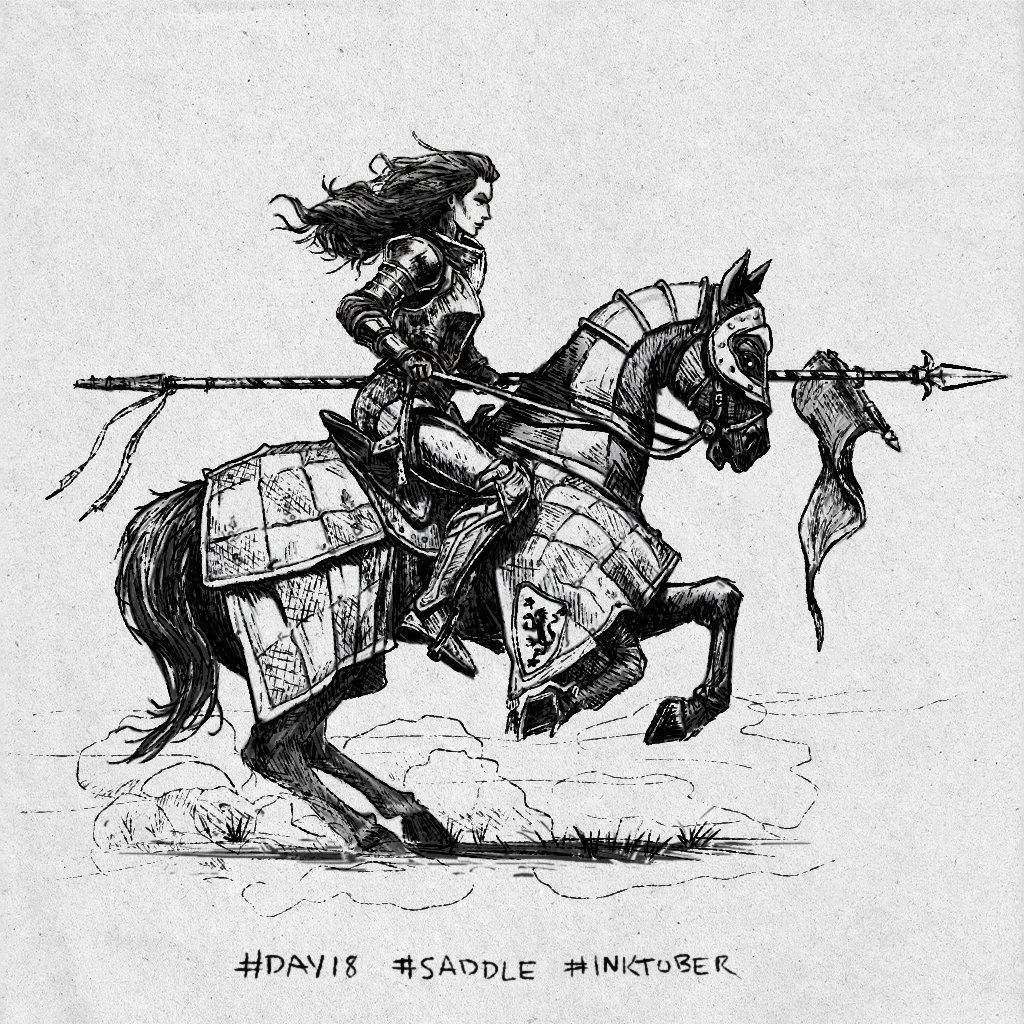 theMistborn's tweet photo. Amidst the cheers in the arena, the rider can still hear the soft creak of the leather saddle as she raises her lance into position, scoring the top flag.

#day18 #saddle #inktober #inktober2023 #rider #horse #knight #joust #armor #lance #equestrian #fantasy #DnD #osr https://t.co/xGcUgNU9vT