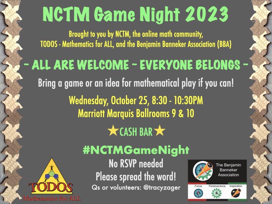 Hope you can come play with with new and old friends at
#NCTMAnnual #NCTMDC23 #MTBoS  #ElemMathChat See you at #NCTMGameNight, Wednesday after the keynote!