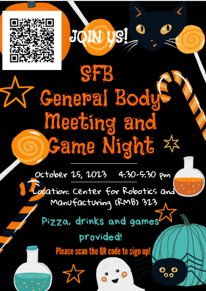 sfb_uky's tweet photo. SFB event alert! On October 25 starting at 4:30pm in RMB 323, we will be hosting a General Body Meeting and game night. Pizza, drinks and games provided! To sign up, scan the QR code or follow the link provided below. We hope to see you there!
https://t.co/coMG7Vl6n1 https://t.co/TQgPjmClLC