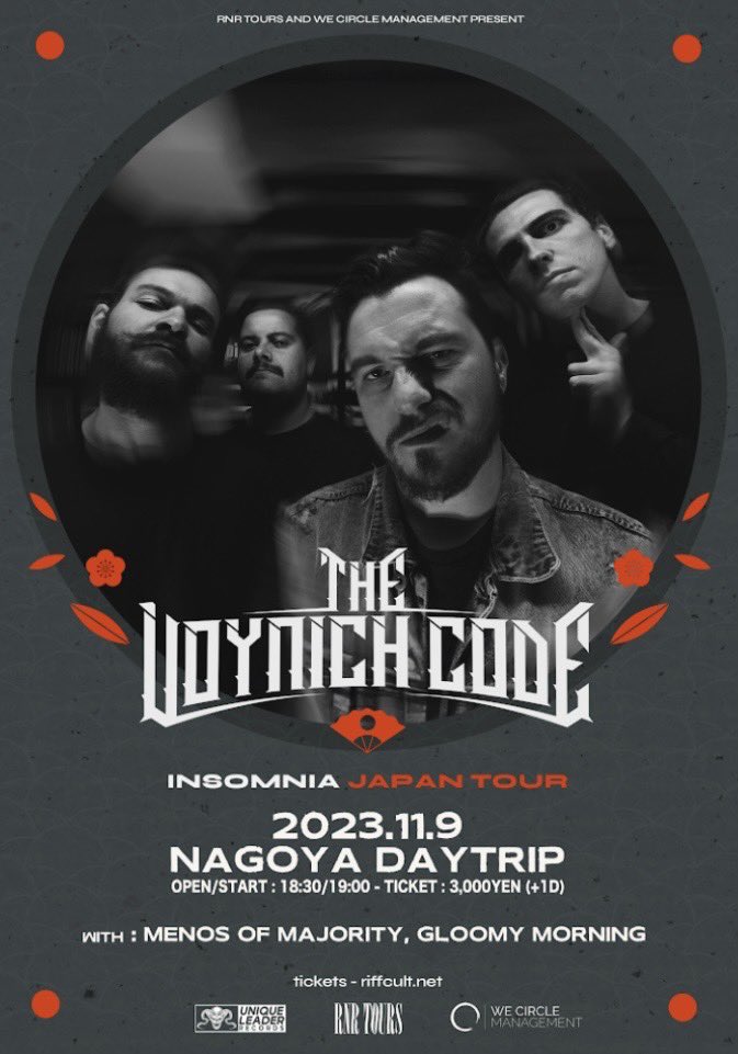 【Next Show!!!🔥🔥】
2023/11/09(th) @ NAGOYA DAY TRIP
@thevoynichcode INSOMNIA Japan Tour 盟友グルモニと出演します‼️

年内のライブこちらがラストになりますので見逃し厳禁で🔪🔪🩸

open/start 18:30/19:00
ticket 3,000yen(+1D)
act/
The Voynich Code
Gloomy Morning
Menos Of Majority