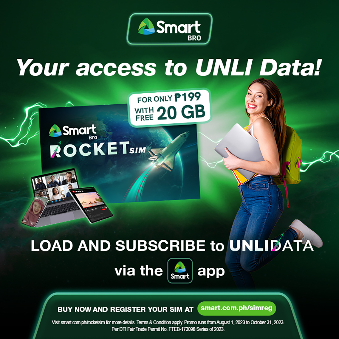 Need UNLI? Get Rocket SIM 199 then use it to subscribe to Smart Bro’s UNLIDATA promo. You can insert Rocket SIM in any open line phone, tablet, or pocket WiFi. Check out now from Smart official store in Lazada and Shopee.
