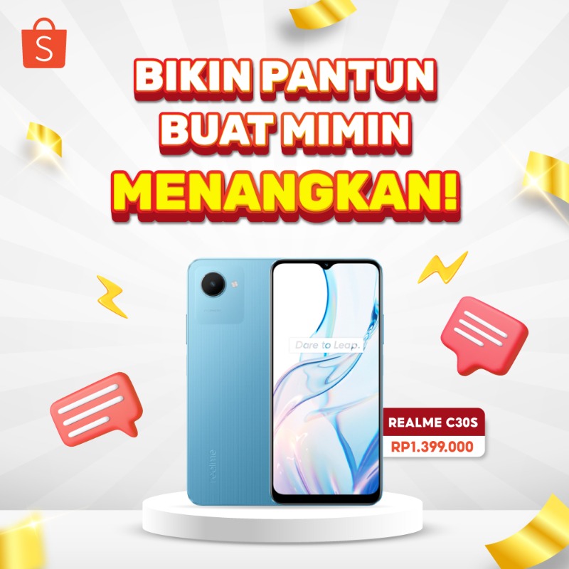 ShopeeID's tweet photo. ✨ BIKIN PANTUN DAPET SMARTPHONE ✨

Mimin mau GIVEAWAY REALME C30S senilai 1,399JT++ nih buat kamu!

Caranya:

- FOLLOW @ShopeeID 
- RT &amp; LIKE tweet ini
- REPLY dengan pantun buat mimin yang paling kocak, paling lucu, paling paling 👍 pokoknya! 

GOOD LUCK! 😆