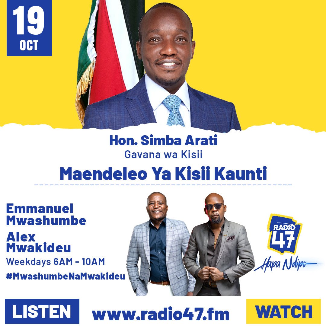 Good Morning! We are in Kisii!!! Join us from 6am to 10am Tujiwa na Gavana Simba Arati!!! 

Are you in Kisii County? Do you have a question for the Gorvernor? 

Weka comment hapa chini... 

#TambaNaRadio47