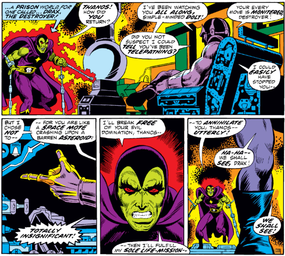 MarvelADay's tweet photo. #MarvelADay #IM55 Good grief, another first appearance! Drax has some kind of history with a fellow named Thanos.
Check out those crazy eyebrows in panel 3. - JRW https://t.co/Ge1rIDCd8C