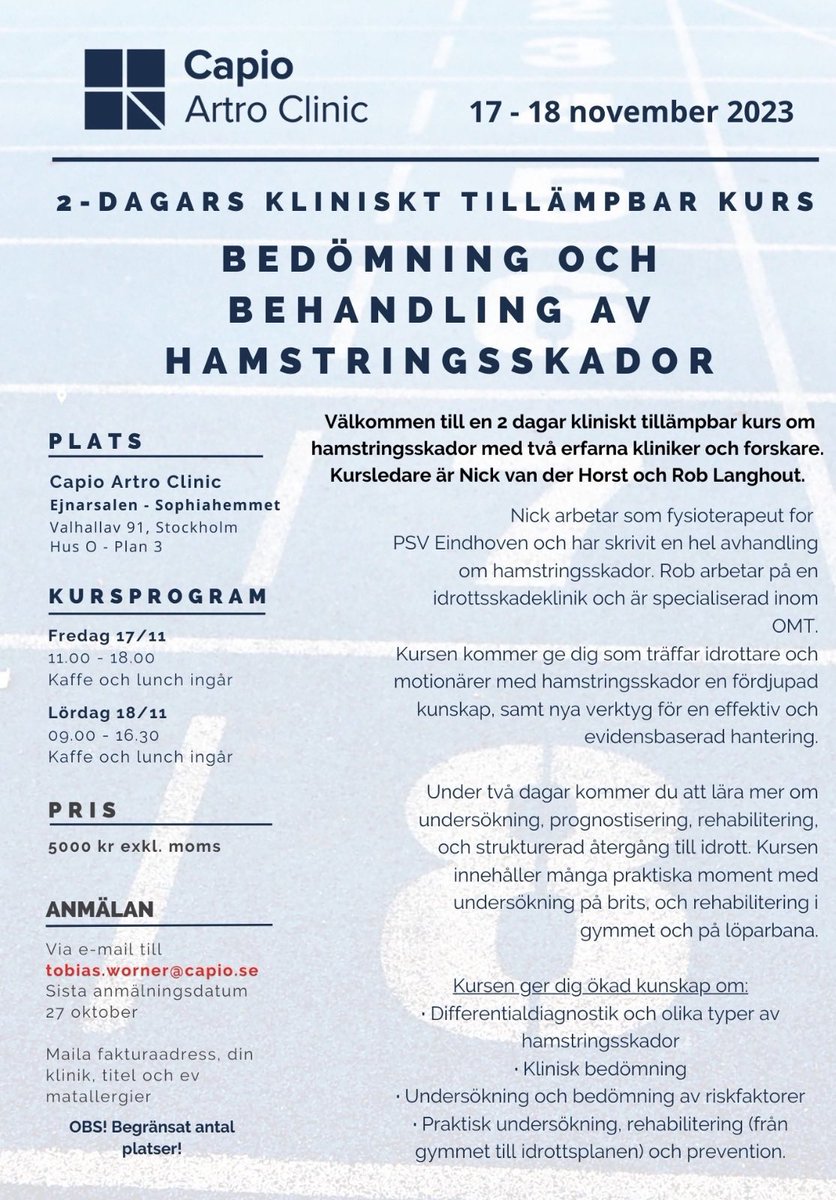 En månad kvar! 

Snart är det dags för denna fantastiska kliniska kurs om hamstringsskador. Det finns fortfarande platser kvar ⏰ 

Ses vi där?