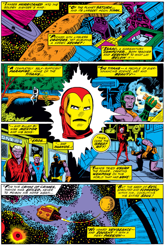 MarvelADay's tweet photo. #MarvelADay #IM55 Has any comic ever had more first appearances? On top of Drax, the Blood Brothers, and Thanos, we've got ISAAC, Mentor, and Eros! - JRW https://t.co/fNgJ2SyRul