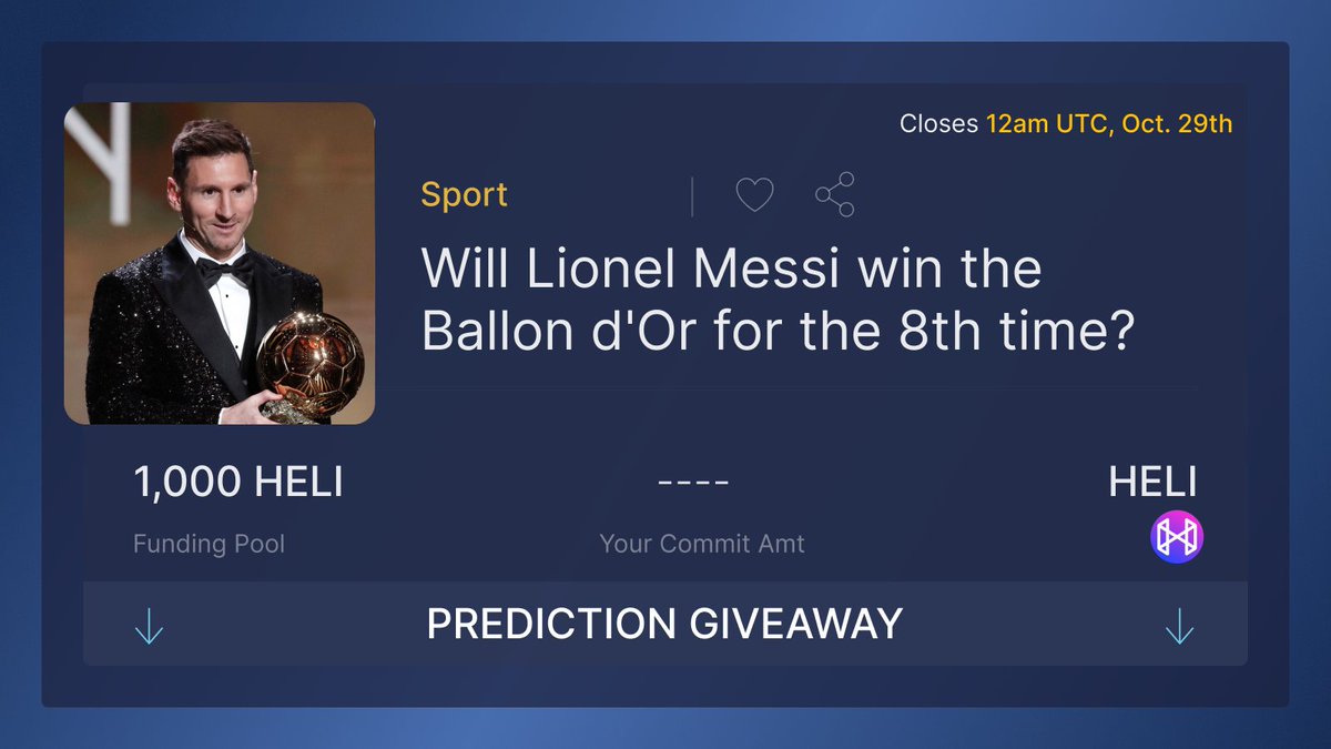 You guys voted and we are coming with a banger!💥

Will Lionel Messi win the Ballon d'Or for the 8th time?⚽️🐐 
 
Comment "Higher" or "lower" and you could win 1,000 $HELI!🤑

✅Like &amp; RT  
✅Comment
✅Follow us <a href="/Heli_Verse/">HeliVerse</a>