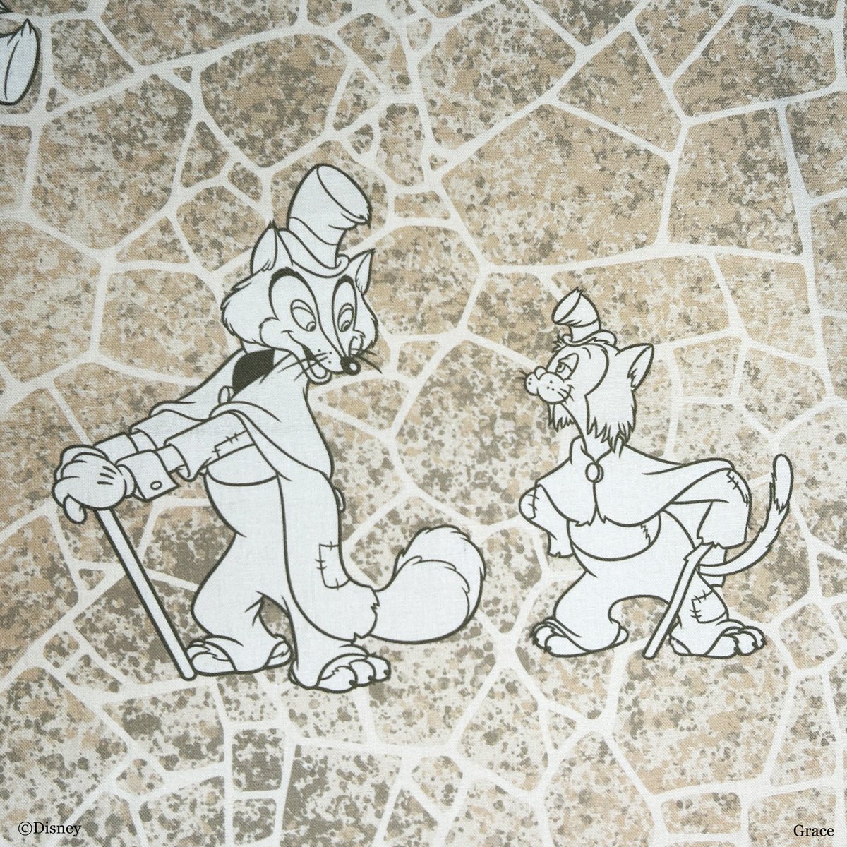 【<Disney>Scarf】
-Foulfellow&Gideon-

『ピノキオ』のファウルフェローとギデオンがレイアウトされたスカーフ❗️
石畳の道とレンガの壁をイメージした背景とセピアなカラーで、まるでレトロアニメーションを覗いているよう🎵

#ディズニー #Disney #ピノキオ #ファウルフェロー #ギデオン 