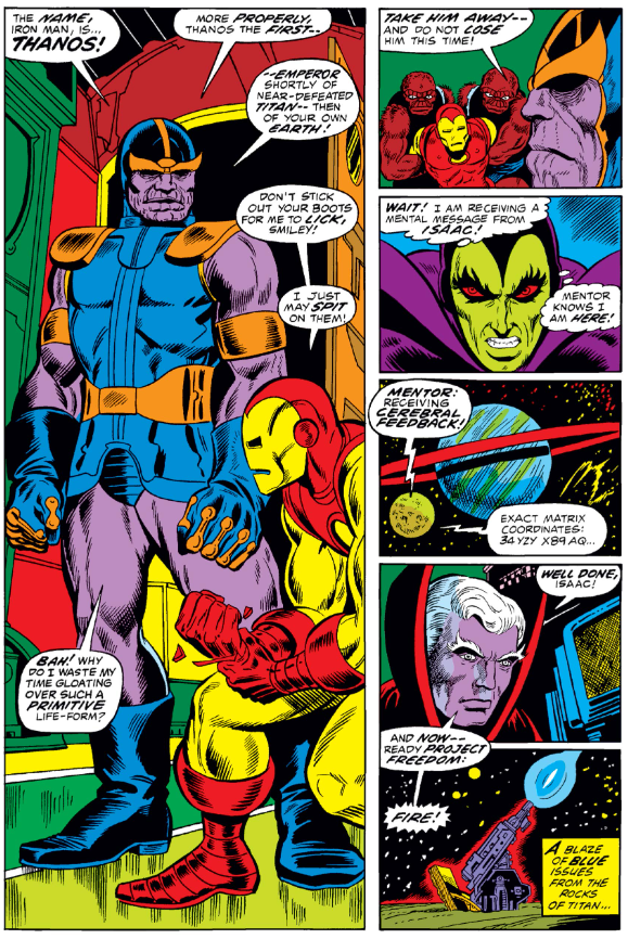 MarvelADay's tweet photo. #MarvelADay #IM55 Iron Man’s attempt to free Drax fails, and he’s confronted by Thanos. Lots of crazy eyebrows here. - JRW https://t.co/PivkaNL65v