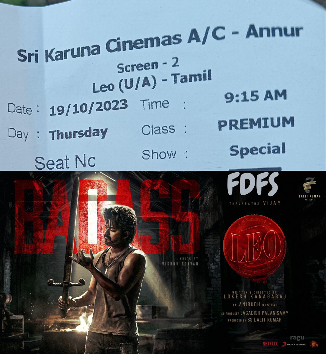 #ShowTime 📽️: #Leo FDFS - Count 1 💥

#Thalapathy #Vijay 🔥

#LeoCount1 - #LeoFDFS 🎉
#Theatre2023FilmNo33 🎬: Sri Karuna Cinemas - New Screen 2
Annur, Coimbatore CBE

#SriKarunaCinemas @srikarunacinema 
@actorvijay #Tickets #LeoDay