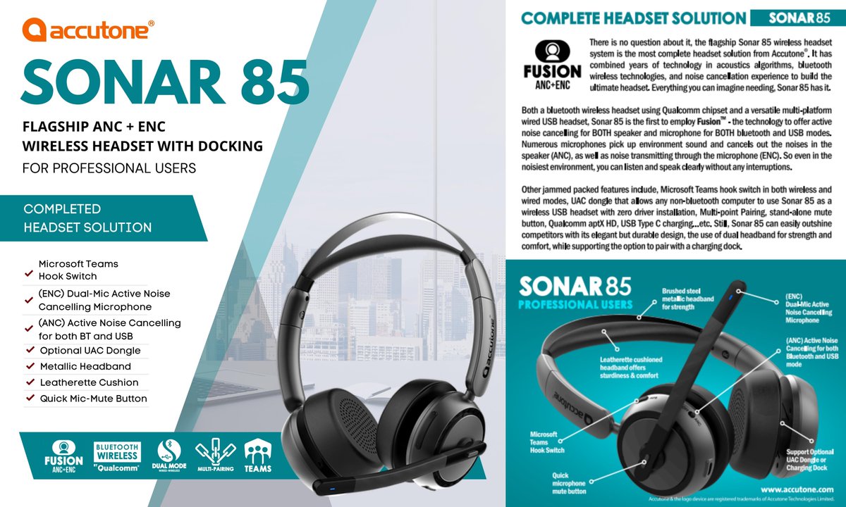 accutoneheadset's tweet photo. NEW LAUNCHED!!
Sonar 85 is the only headset on the market that has Fusion™ ANC + ENC technology.

Discover more on https://t.co/UNqTW0Ie3G

#Accutone #headset #Sonar85 #business #professional #ANC #ENC #noisecancelling #wirelessheadset #Bluetooth #Qualcomm https://t.co/fYEQh5Sh14