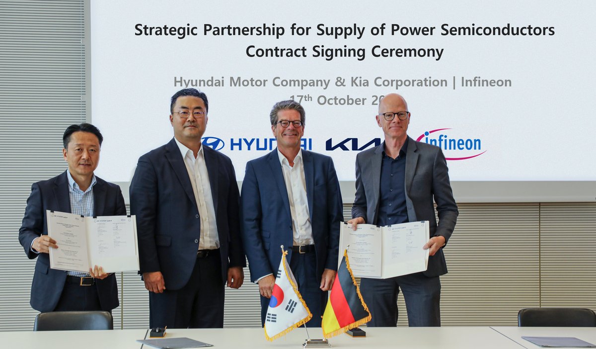 autocarpro's tweet photo. Hyundai, Kia and Infineon Technologies sign multi-year supply agreement for power semiconductors; Infineon to build and reserve manufacturing capacity for the two carmakers until 2030, which will enable them to future-proof their semiconductor supplies https://t.co/9xtBPOzDQs https://t.co/6NMpBNYM77