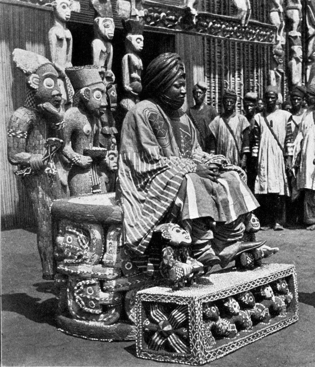 Vintage frame of King Sultan Njoya sitting on his throne in the highlands of Central Cameroon, Africa ca. 1914