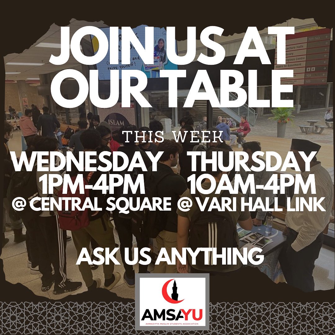 AMSAYorkU's tweet photo. By the Grace of Allah, AMSA York University had a successful first tabling day of many to come. There were many interactions with different backgrounds. 

We want to give Special Thanks to Missionary Aizaz Khan for his support!

A first of many tablings, which will occur weekly! https://t.co/C59YkmqgTl