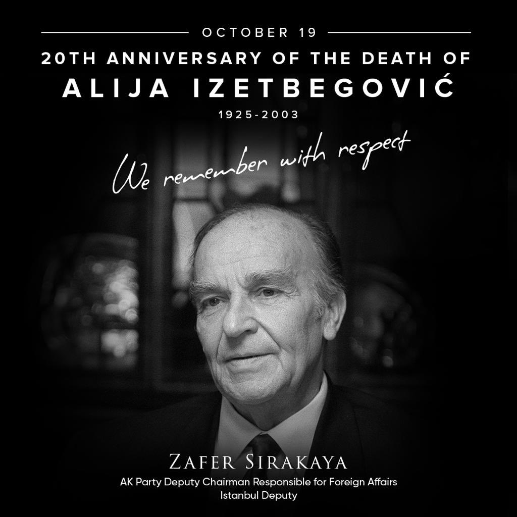 SirakayaZafer's tweet image. "To become the teacher of the earth below, one has to become the student of the sky above!”

On the 20th anniversary of his death, we remember with mercy the #WiseLeader and first President of the Republic of Bosnia and Herzegovina, Alija #Izetbegovic.