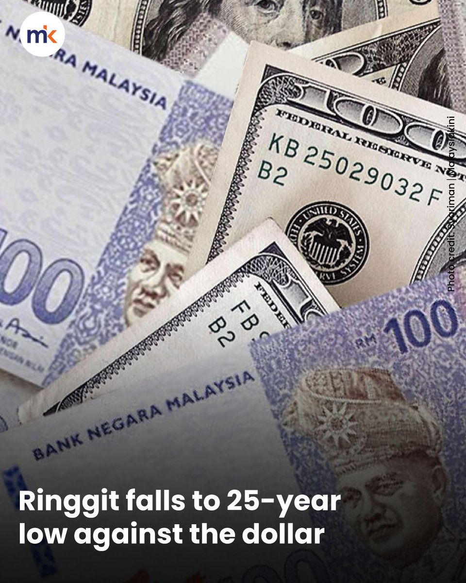 The Malaysian ringgit has fallen to its lowest level in 25 years against  the US dollar. The currency dropped by 0.3% to 4.7635 per dollar, the  weakest since the 1997 Asian Financial