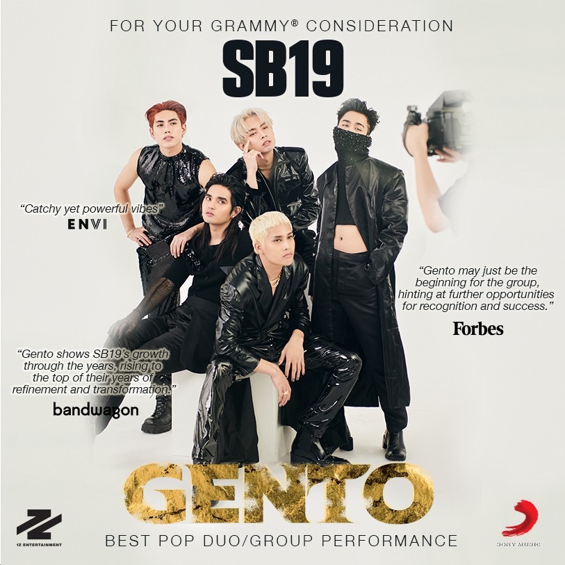 ATINGlobalSoc's tweet photo. "Innovative" "Viral" "Explosive" "Pulsating"

These are just some of the words to best describe the song GENTO by Global P-Pop Phenomenon SB19!

The Grammy-worthy musical masterpiece has received worldwide recognition for its addicting melodic hook.

So let's #GetSB19GrammyNominated A'TIN!

@SB19Official #SB19
#SB19GENTO #GENTO
#SB19RoadToGrammyNomination