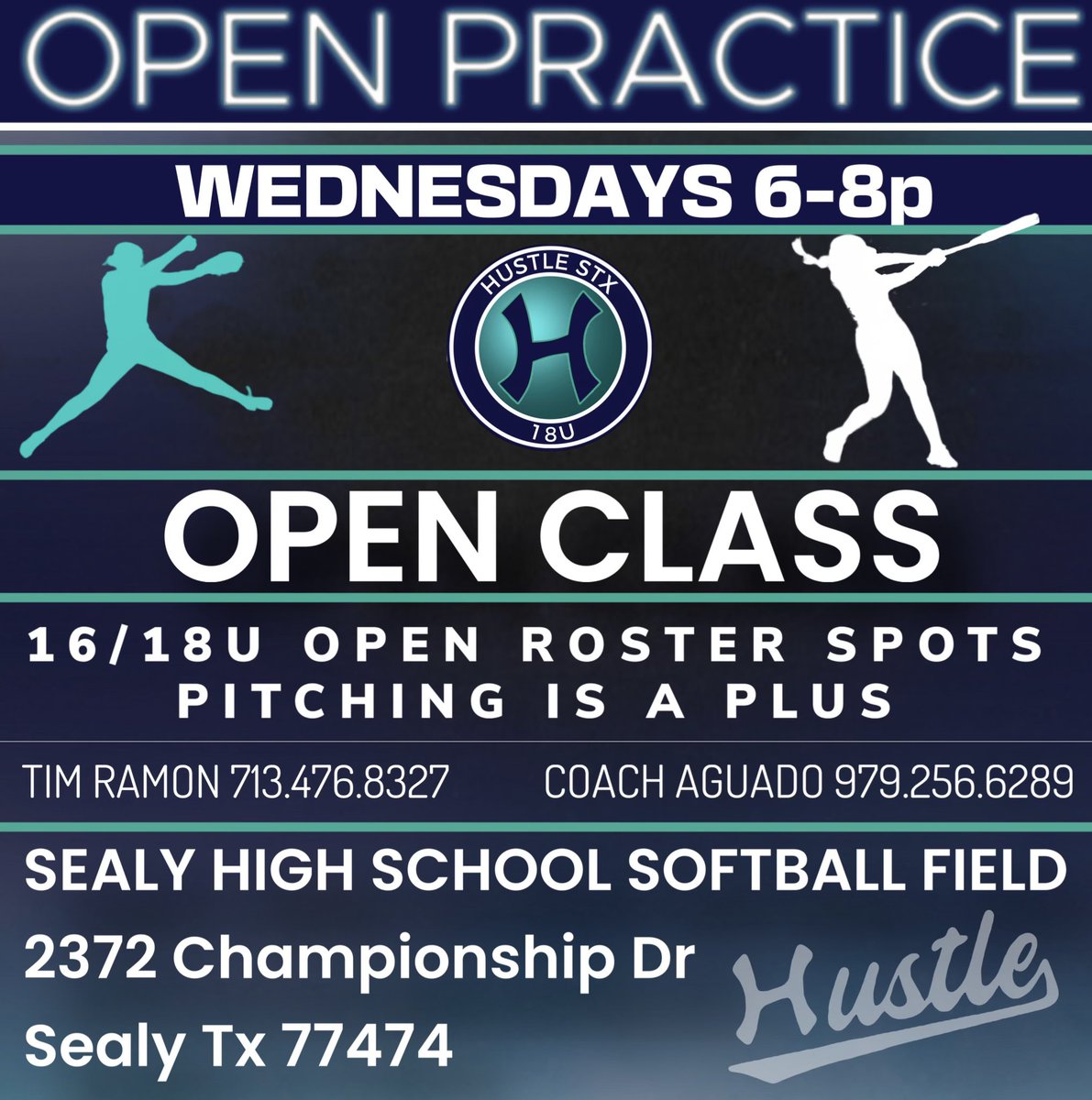 Open practices every Wednesday 6-8pm. 
Location: Sealy High School Softball Field

Thursdays 7:30-8:30 
Location: 474 Sports Facility
3701 Outlet Center Dr, Sealy, TX  77474

Contact Us for more information.