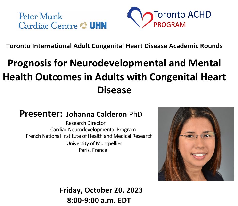 This week in the Toronto International Rounds, Dr Johanna Calderon will talk about a very important topic ‘Neurodevelopmental and Mental Health Outcomes in ACHD’. Please join us live at meet.goto.com/567155917 @PMunkCardiacCtr @TorontoACHD @Johannamcp1 #ACHD