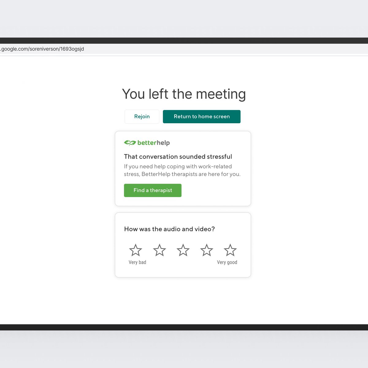 Google Meet option to talk with a BetterHelp therapist after stressful meetings