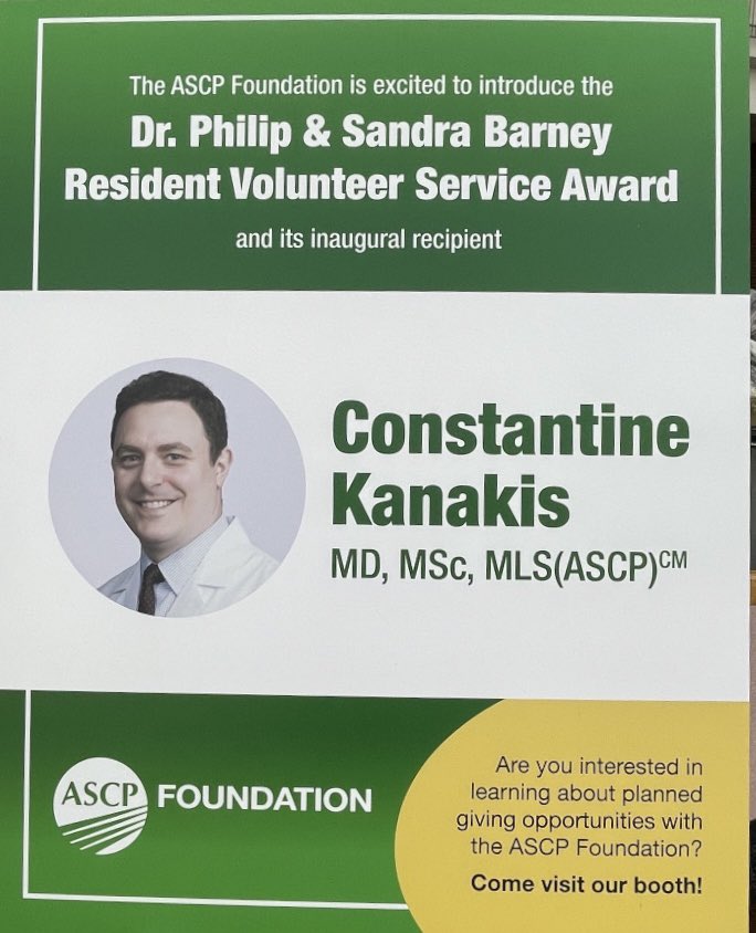 So so so incredibly proud of the INAUGURAL recipient of the Dr. Philip &amp; Sandra Barney Resident Volunteer Service Award to the MOST deserving #pathology resident <a href="/CEKanakisMD/">Constantine E. Kanakis, MD, MSc, MLS(ASCP)</a> 🙌🏾🙌🏾 #ProudPathMentor #ASCP2023 <a href="/ASCP_Chicago/">ASCP</a> <a href="/Blair_Holladay/">Blair Holladay</a>