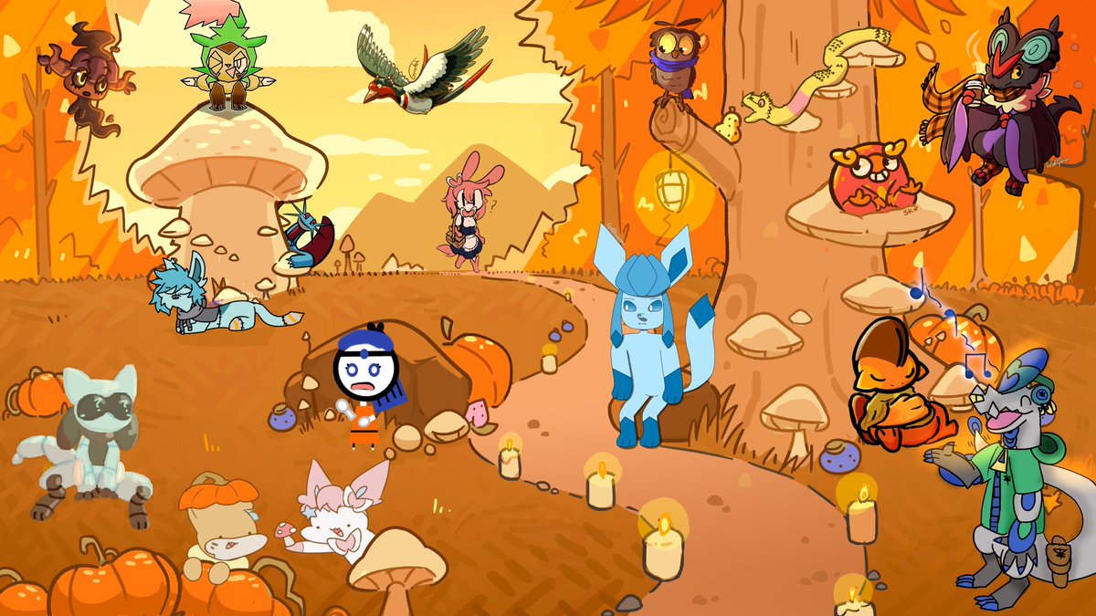 fall is here! here's the pokemon workshop discord's finished art collab for last month. thank you to everyone who participated ^^