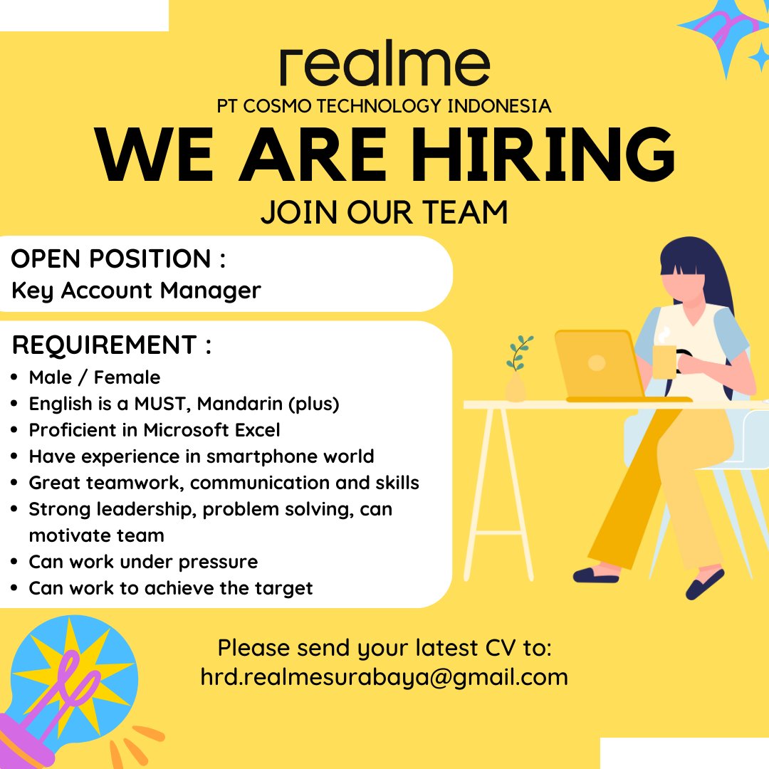 vionaa07's tweet photo. Urgently Hiring

1. Assistant Manager Chinese Speaker - Surabaya / Madiun / Tegal
2. Key Account Manager - Surabaya
3. Standard Operational Procedure - Admin - Surabaya

drop your CV hrd.realmesurabaya@gmail.com

#hiring #HiringAlert #lokersurabaya #lokermadiun #lokertegal https://t.co/W9bl6MdMiz