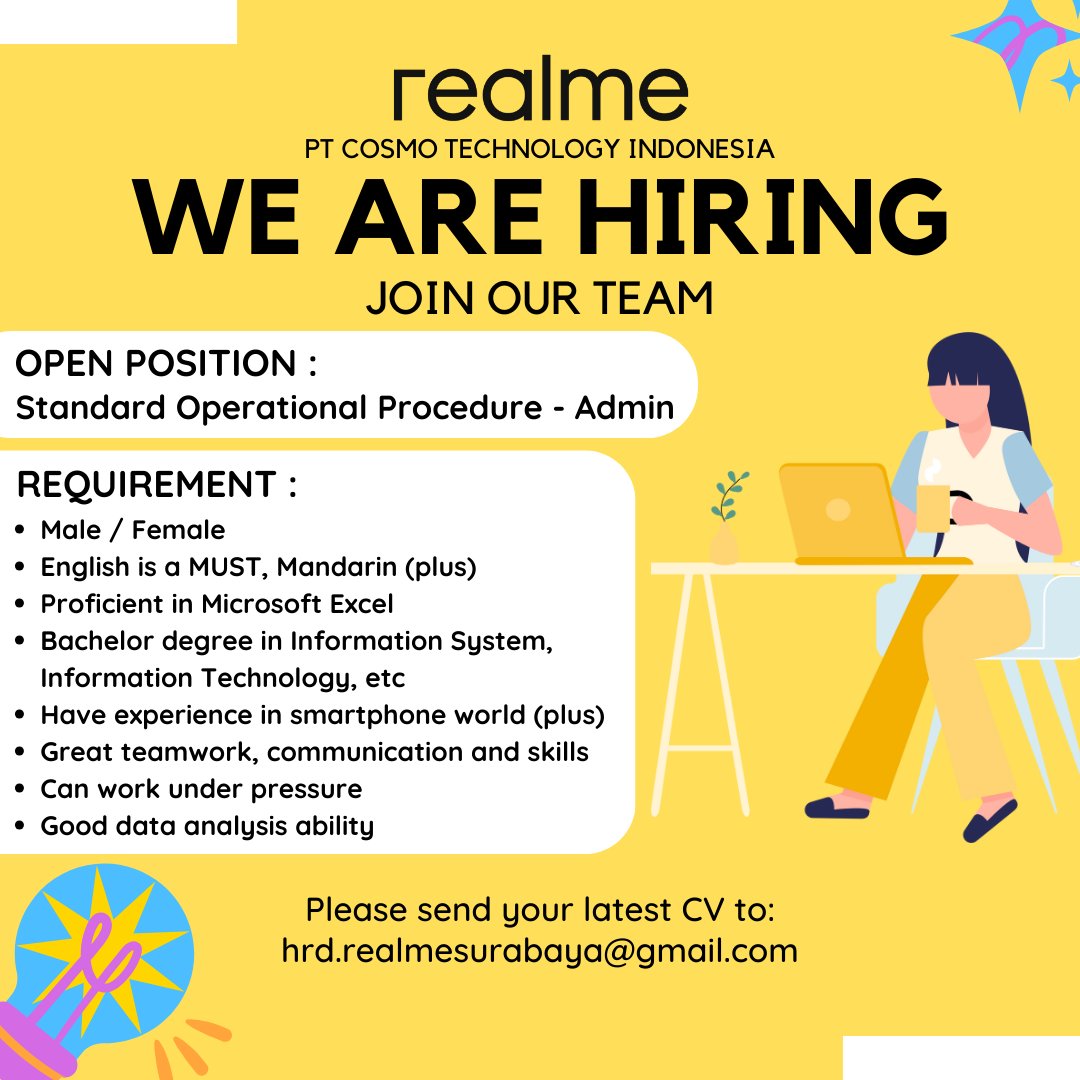 vionaa07's tweet photo. Urgently Hiring

1. Assistant Manager Chinese Speaker - Surabaya / Madiun / Tegal
2. Key Account Manager - Surabaya
3. Standard Operational Procedure - Admin - Surabaya

drop your CV hrd.realmesurabaya@gmail.com

#hiring #HiringAlert #lokersurabaya #lokermadiun #lokertegal https://t.co/W9bl6MdMiz