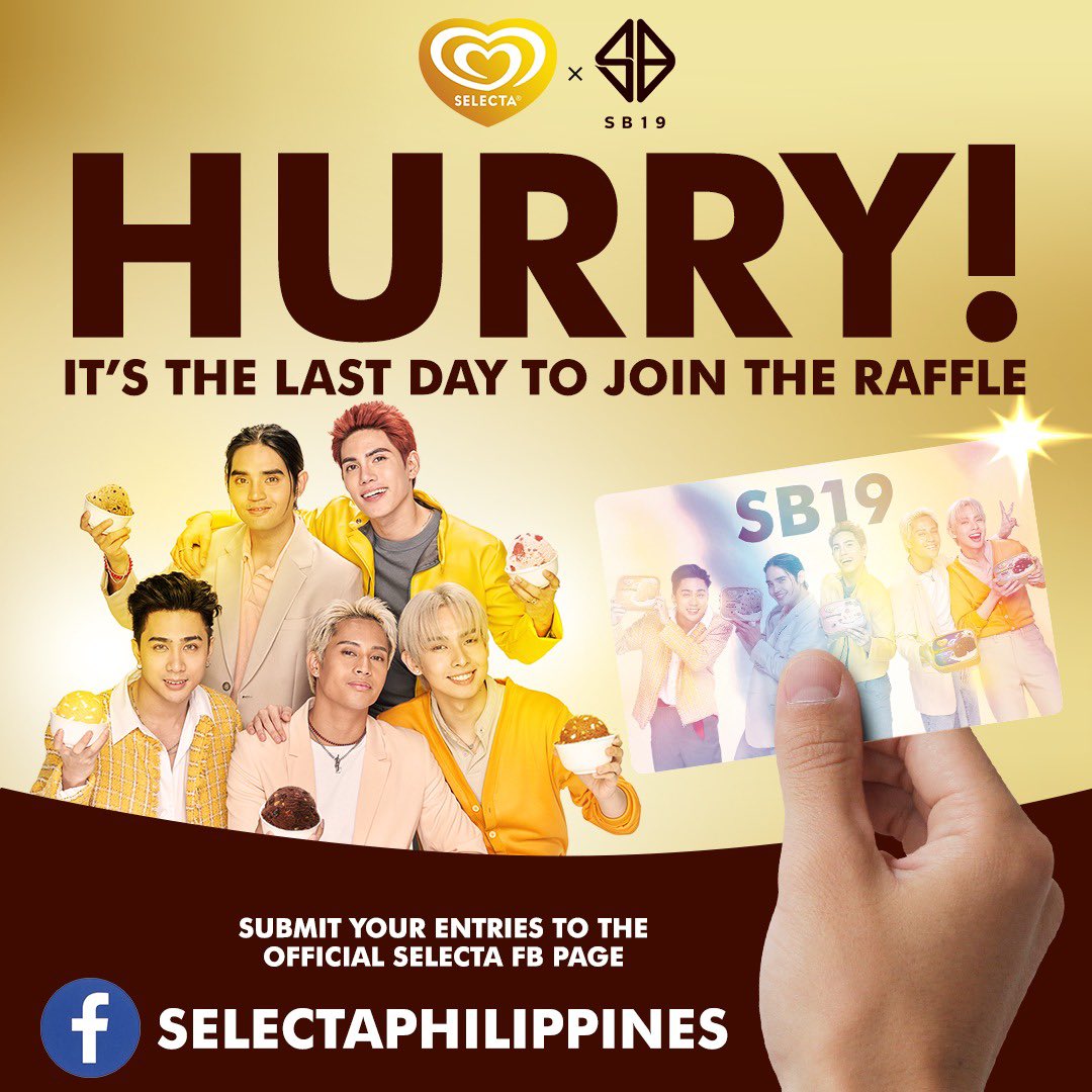 TOMORROW IS THE LAST DAY to join the raffle! Submit your entries by OCTOBER 20 for a chance to meet & greet SB19 and other exciting prizes!🌟🎵 Hurry before it's too late!

#SelectaPHxSB19 #MaPaSelectaMuna #SB19