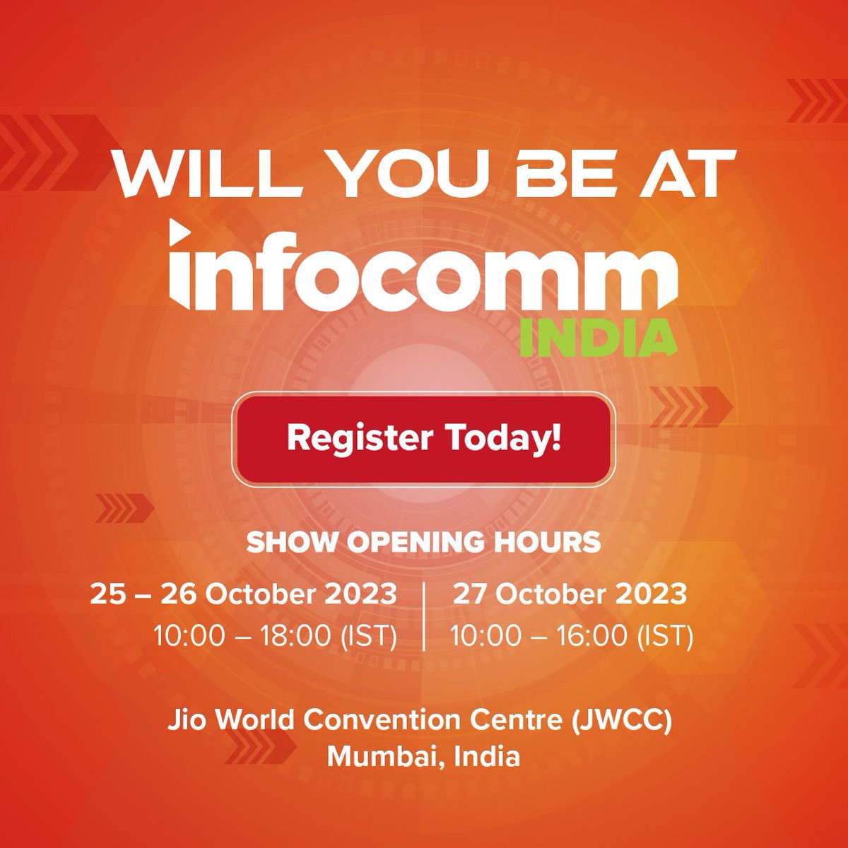 InfoCommIndia's tweet image. We&apos;re starting the countdown! Just 1 week to go! 🕔 See you there!👋🏾
Psst, skip the queue and register here: hubs.li/Q025WV1t0

#InfocommIndia2023 #ProAVTechnology #industry #FutureTech #Conference #DigitalTransformation #TradeShow #Networking #countdownbegins #1week