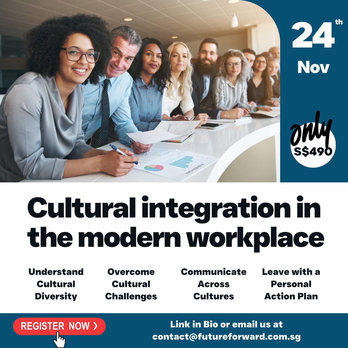 futureforwardsg's tweet photo. "Synergy and understanding between different cultures can increase team productivity by up to 30%." - Harvard Business Review. 
Discover how to maximize the benefits of cultural diversity in teams at our November 24th class. Walk away with a Personal Action Plan. https://t.co/mEzBoeosTp