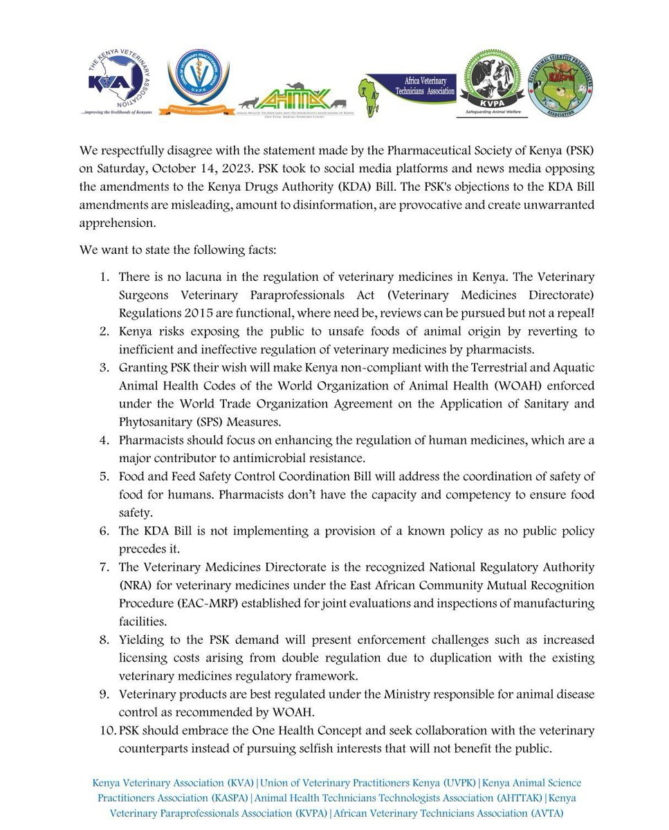 peterkinnzomo's tweet photo. Veterinary medicines are regulated by VMD, after a series of court sessions to branch off from PPB. The justification is simple, most veterinary medicines are different from those used by humans as the epidemiology is different (unless you want to tell me that humans suffer from babesiosis, ECF, MCF, CCPP or even rinderpest, among a myriad of other infections) most veterinary drugs such as narcotics used in wildlife immobilization need professional handling and regulation and vets have been doing exactly that. It is only veterinarians who can regulate veterinary medicines. We don’t need external help from pharmacists who have proven very unreliable in regulating human medicines and are key drivers of AMR
~Ends