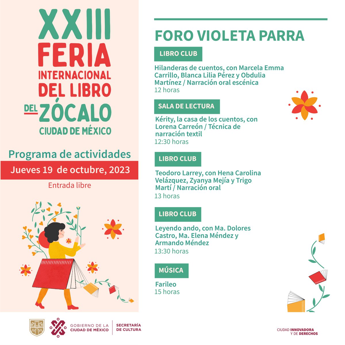 FILZocalo's tweet photo. Si disfrutas de la lectura en comunidad, este jueves, el #ForoVioletaParra presenta sesiones de #LibroClub, @Salasdelectura y presentaciones de libro. Además, habrá música y proyecciones de cine documental. 

La cita es en la #FILZócalo, a partir de las 12 horas. https://t.co/XK4LdosRxF