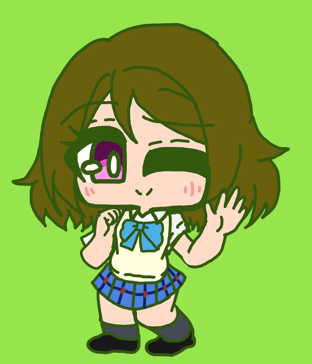 koizumi hanayo 1girl solo one eye closed school uniform brown hair green background chibi  illustration images