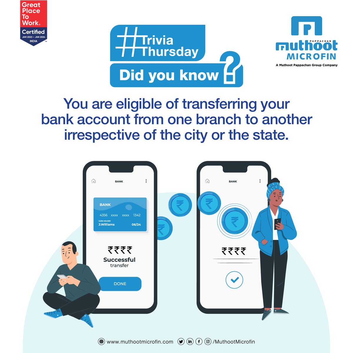 MuthootMicrofin's tweet image. Banking Flexibility Unveiled! Did you know you can seamlessly transfer your bank account from one branch to another, no matter the city or state? #BankingTrivia #SeamlessTransfers #TriviaThursday #MuthootMicrofin