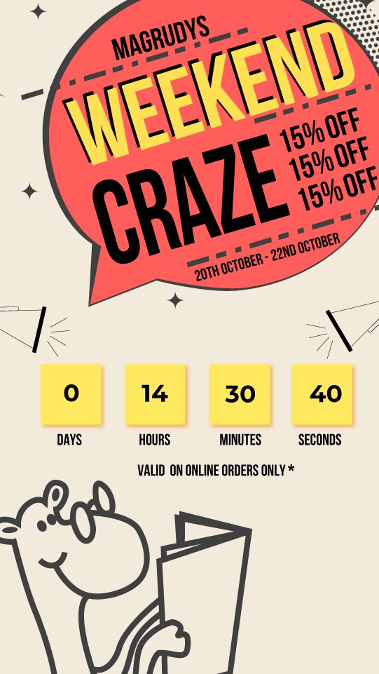 magrudys's tweet photo. Countdown has begun!! 
14 hours to goo… 

What will you buy in tomorrow’s weekend craze?

#magrudys #weekendcraze #sale https://t.co/FX0yYnHd49
