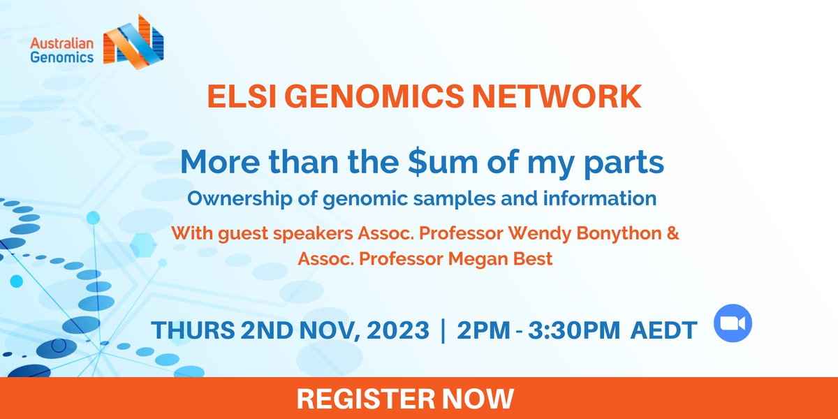 The #ELSIGenomics Network’s final seminar for 2023 will explore ownership of genetic data, information and samples.

📆 Thursday 2nd November, 2pm to 3.30pm (AEDT).
Register here 👉 tinyurl.com/mturbktk

#ELSI #genomics #genetics #data