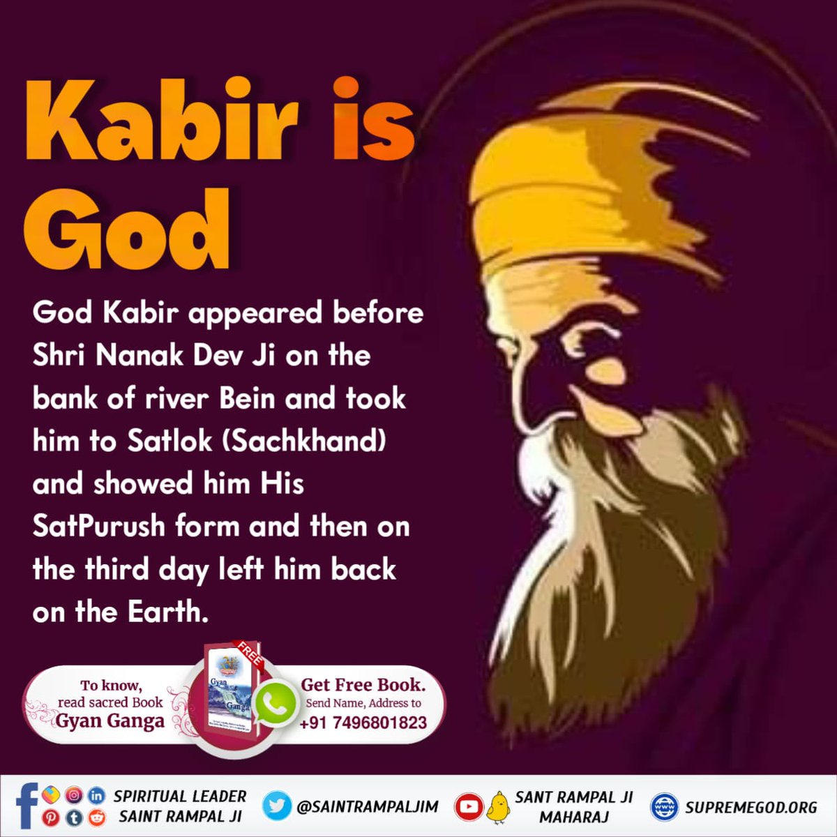 SatlokAshram's tweet photo. Kabir is God
God Kabir appeared before Shri Nanak Dev Ji on the bank of river Bein and took him to Satlok (Sachkhand) and showed him His SatPurush form and then on the third day left him back on the Earth.
#SantRampalJiMaharaj
#thursdayvibes https://t.co/VrhgCSA2pR