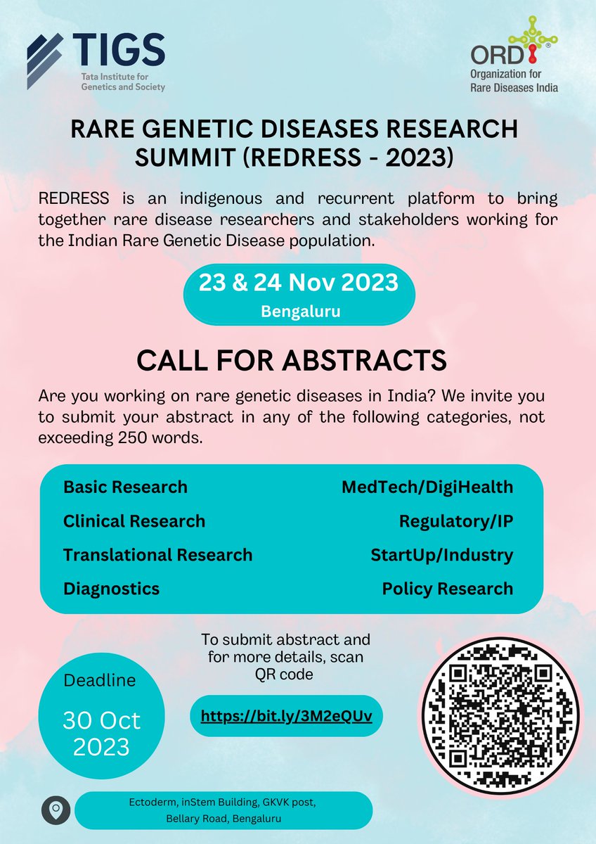 #REDRESS-2023

📢 We invite you to submit #abstracts towards the 2nd edition of #Rare #Genetic #Diseases Research #Summit 2023 and make yourselves heard!

For details visit: bit.ly/3M2eQUv 

Deadline: 𝟯𝟭𝘀𝘁 𝗢𝗰𝘁𝗼𝗯𝗲𝗿 𝟮𝟬𝟮𝟯

With <a href="/ORDIndia/">ORDIndia</a> and <a href="/ICMRDELHI/">ICMR</a>