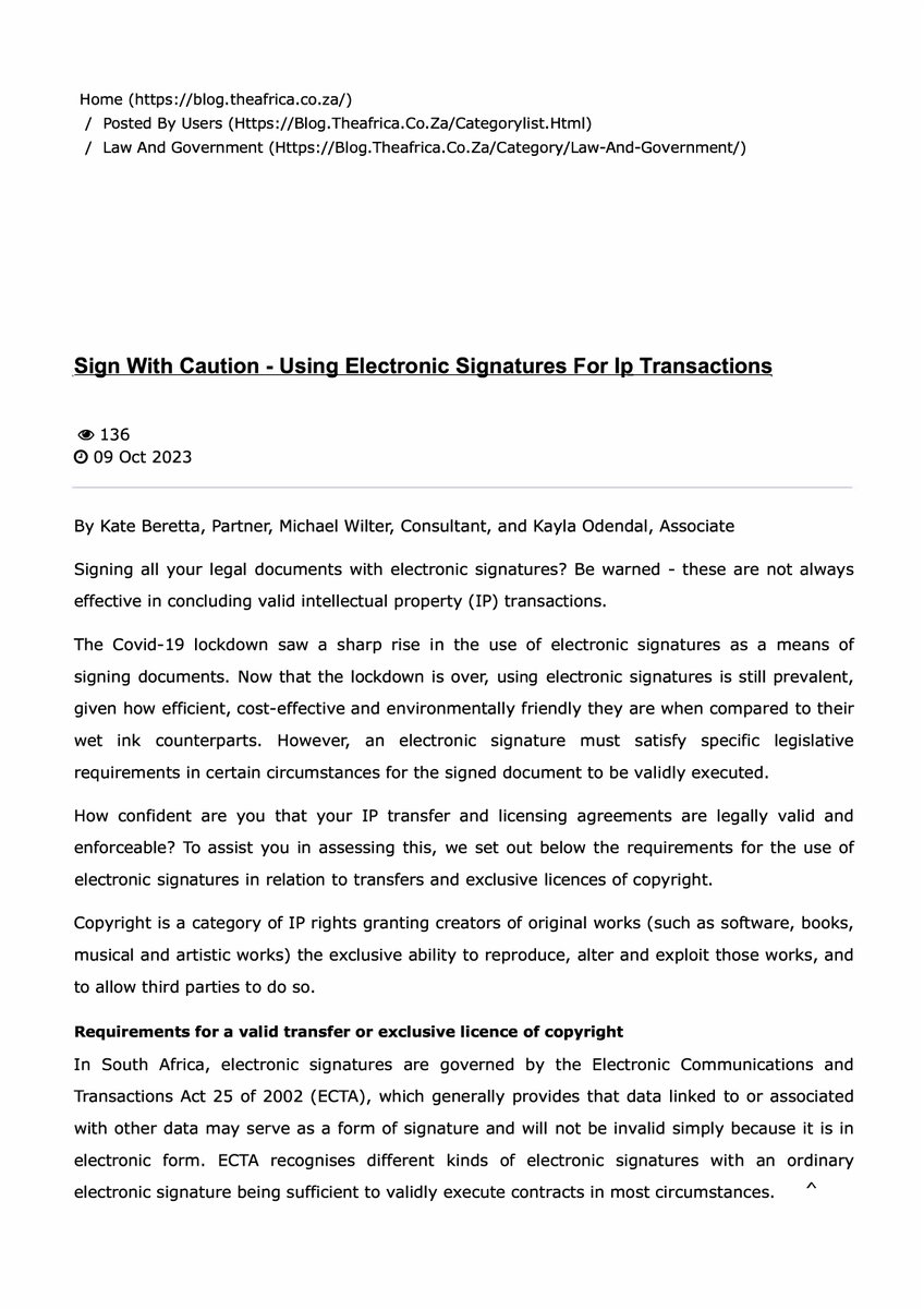 INSIGHTS 🇿🇦| The pandemic caused an uptick in the use of #electronicsignatures. In this article, our #TMT team caution against using electronic signatures for legal documents as they are not always effective in concluding valid #IP transactions. More here: bit.ly/3S1wBHi