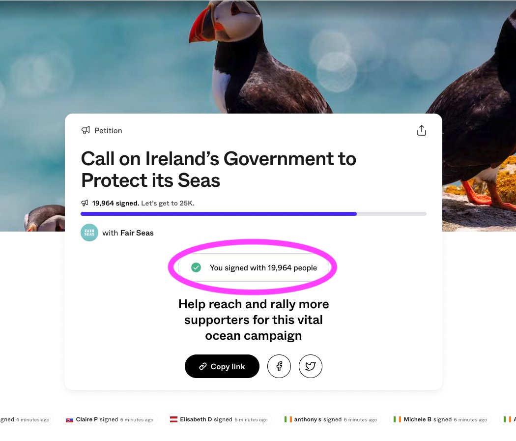 +7,000 signatures from Ireland &amp; almost 20,000 globally calling for better protection of the ocean around Ireland 🌍🇮🇪🙌

Help us hit 25,000 before we meet the Irish Government Next Wednesday, Oct, 25th.

Sign here &amp; share✍️ only.one/act/30x30-irel…

#FairSeas
#30x30Ireland