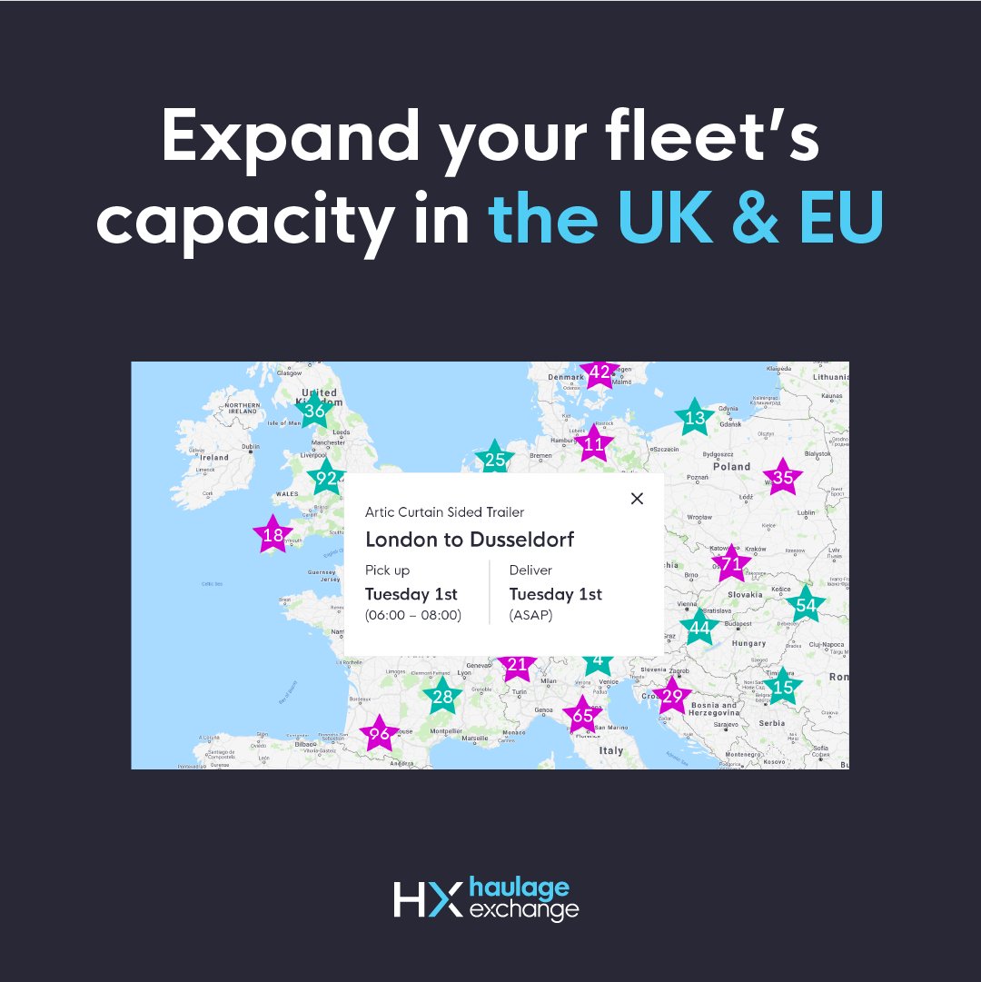 Looking to grow your operations beyond the UK? With our European Access addon, you can post and secure loads not just in the UK, but also in Ireland and across Continental Europe.

Learn more: bit.ly/3PY2T3w

#logistics #haulageexchange