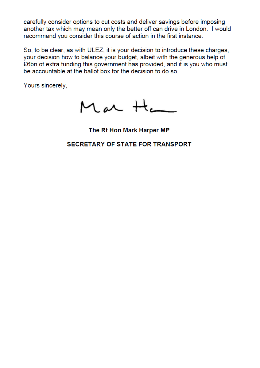 Mark_J_Harper's tweet photo. I have clarified for the @MayorofLondon that, like his ULEZ expansion, any decision to raise more money from Londoners by putting tolls on the Blackwall and Silvertown tunnels is a matter for him - and him alone.

My letter to the Mayor of #London 👇 https://t.co/8bziv5zW4C