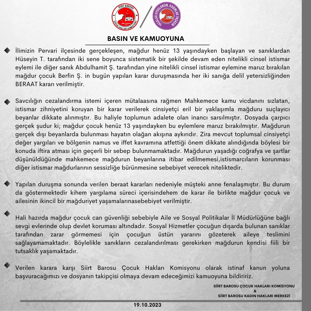 Siirt Barosu Çocuk Hakları Komisyonu (@cocuksiirt) on Twitter photo BASIN VE KAMUOYUNA
<a href="/SiirtBarosu/">SİİRT BAROSU</a>
<a href="/Siirtbarokadin/">Siirt Barosu Kadın Hakları Merkezi</a>
@siirtbarosuçocukhakları BASIN VE KAMUOYUNA
<a href="/SiirtBarosu/">SİİRT BAROSU</a>
<a href="/Siirtbarokadin/">Siirt Barosu Kadın Hakları Merkezi</a>
@siirtbarosuçocukhakları