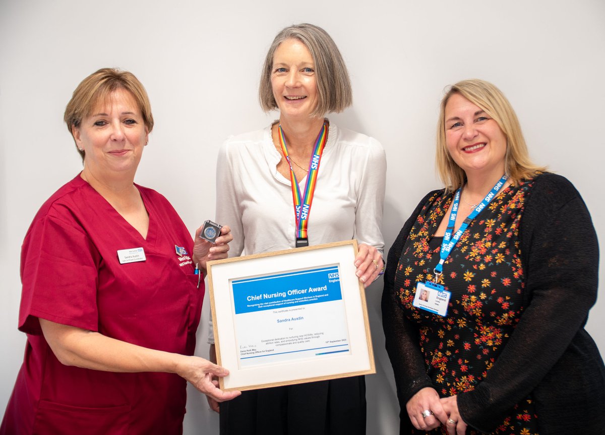 WestSuffolkNHS's tweet photo. Huge congratulations to Sandra Austin, Care Certificate Co-ordinator, who has received the prestigious Chief Nursing Officer’s Award for her exceptional dedication to supporting HCSWs. @LouisaWhite15 , NHS England (East) presented the award today at West Suffolk Hospital. https://t.co/ne72rzdyvC