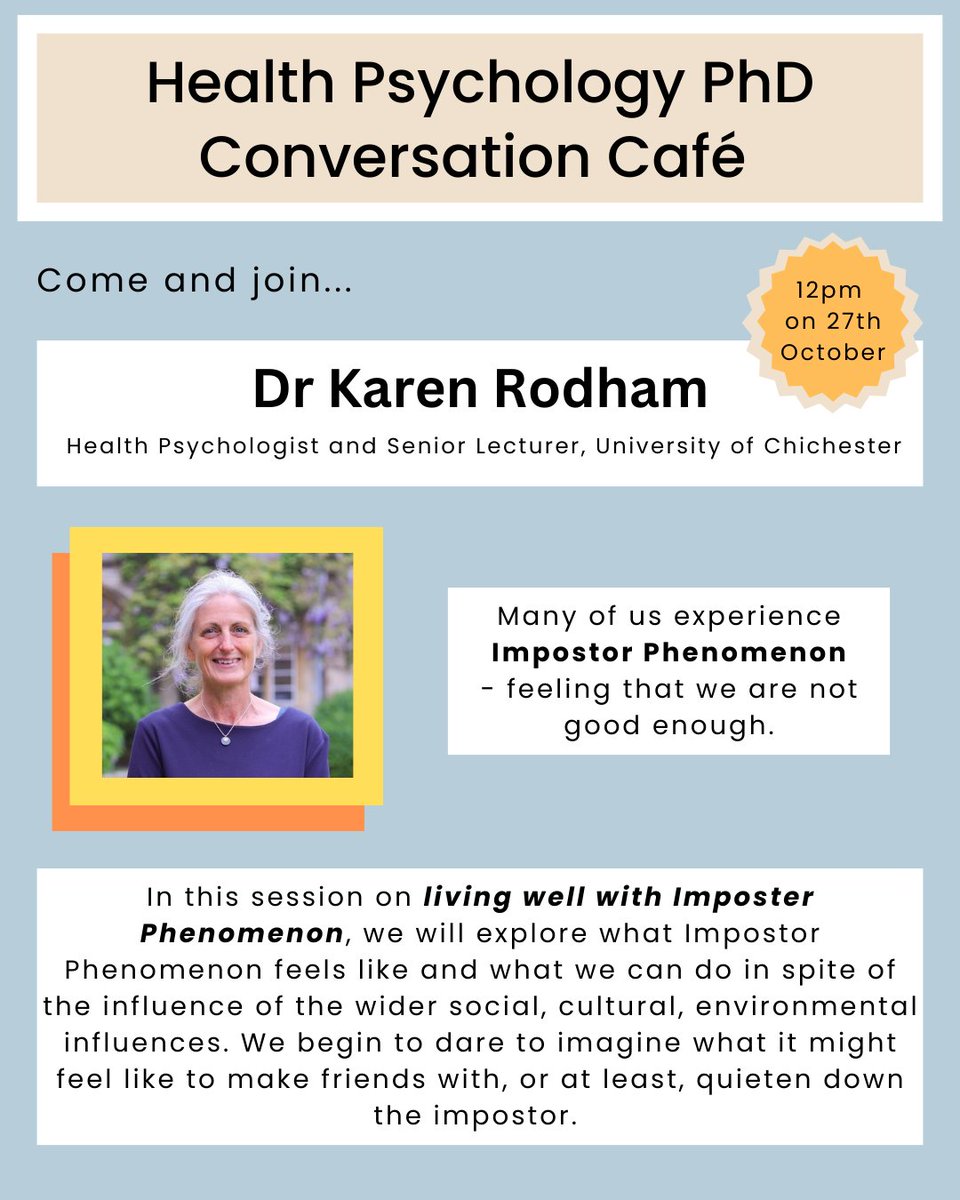 ‼️ We are excited to announce our speaker next Friday, Dr Karen Rodham who will be talking to about imposter syndrome! Great for if you're a new health psychology PhD student, or someone who always feels the imposter nerves! DM for joining instructions 😌