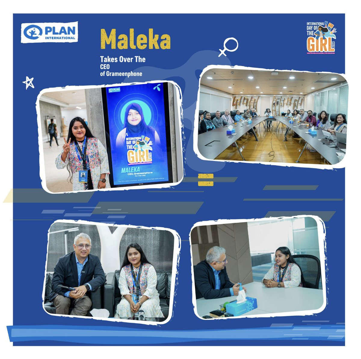 Plan_Bangladesh's tweet photo. Maleka becomes GP’s CEO for the Day!  Maleka stepped into the role of Yasir Azman, the Chief Executive Officer of @Grameenphone, for a day, symbolizing the potential and aspirations of young girls in Bangladesh. 
#IDG23 #GirlsTakeover #GTO📷 #EqualPower #RewriteHerStory https://t.co/v8g5OwQsJD