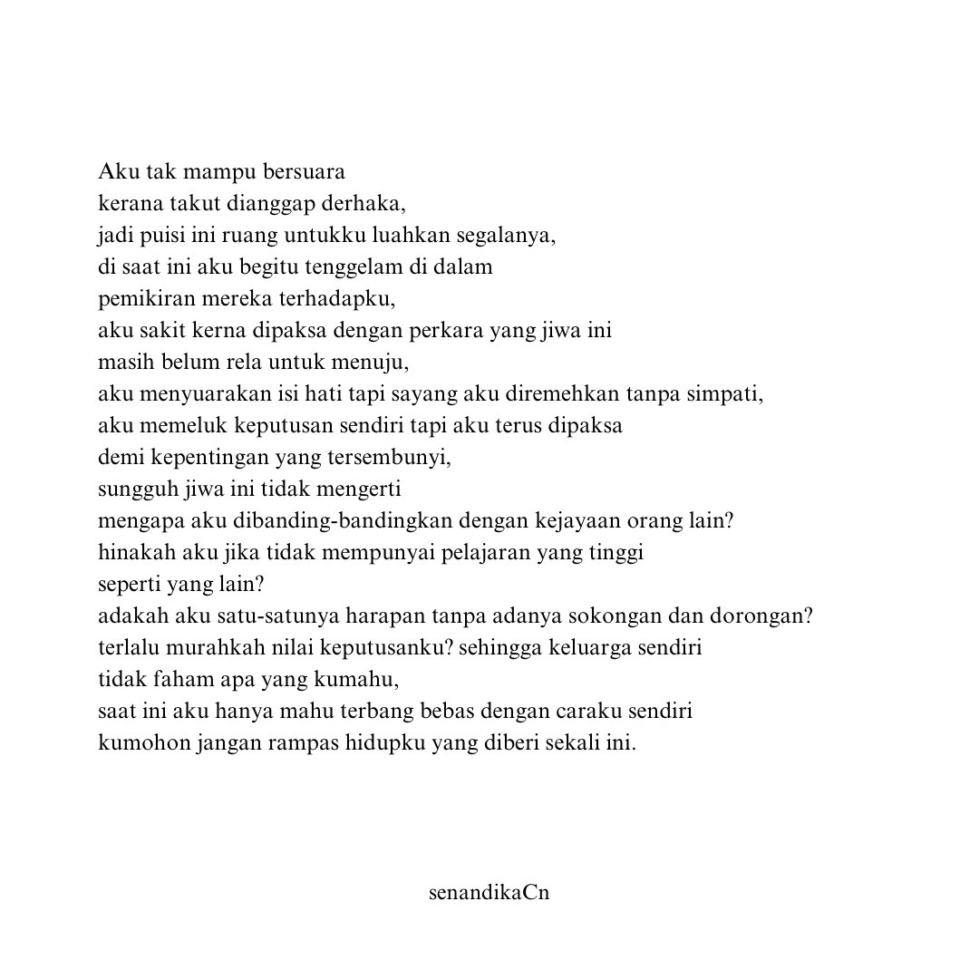 senandikacn's tweet photo. Tak faham
kena ada PHD dulu ke baru
dipandang tinggi?
baru jadi harapan keluarga?
baru jadi kebanggaan keluarga?
kenapa harus memaksa?

#puisi #senandika https://t.co/kdoab7deJs