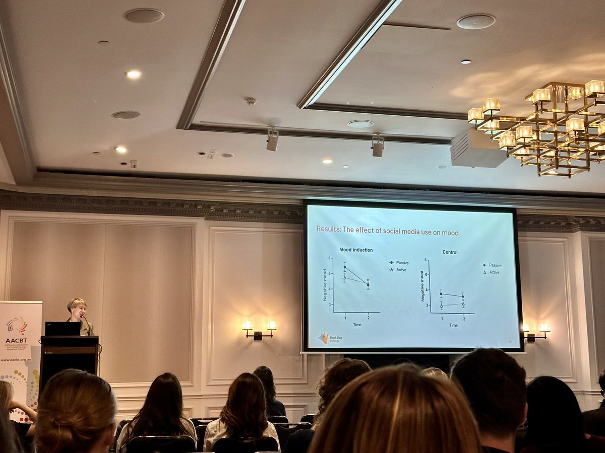 Was amazing to hear <a href="/SophieH_Li/">Sophie</a> present on TechTonic and experimental research looking into screen time and mental health in young people <a href="/AACBT_org_au/">AACBT</a> today! A really interesting approach to research in an emerging field (that I hope to contribute to someday!)  #AACBT23